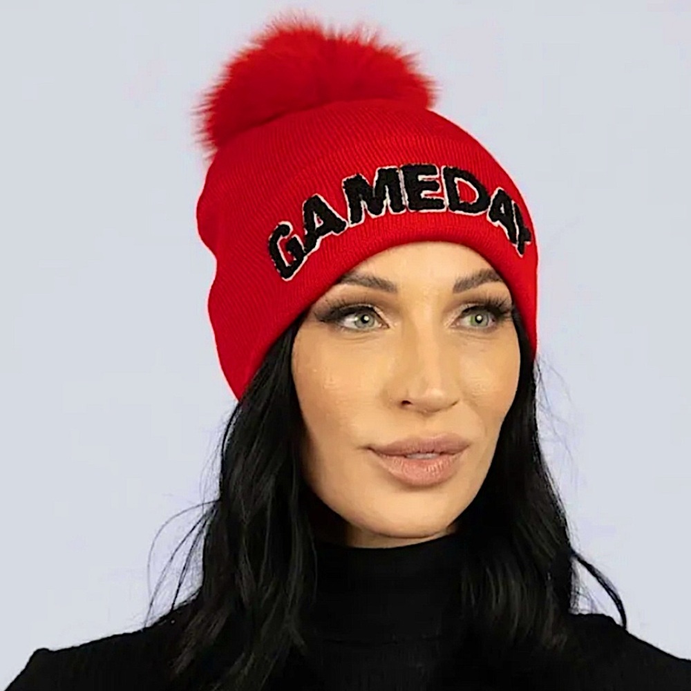 Mitchie's Gameday Pom Pom Hat Beanie in Red